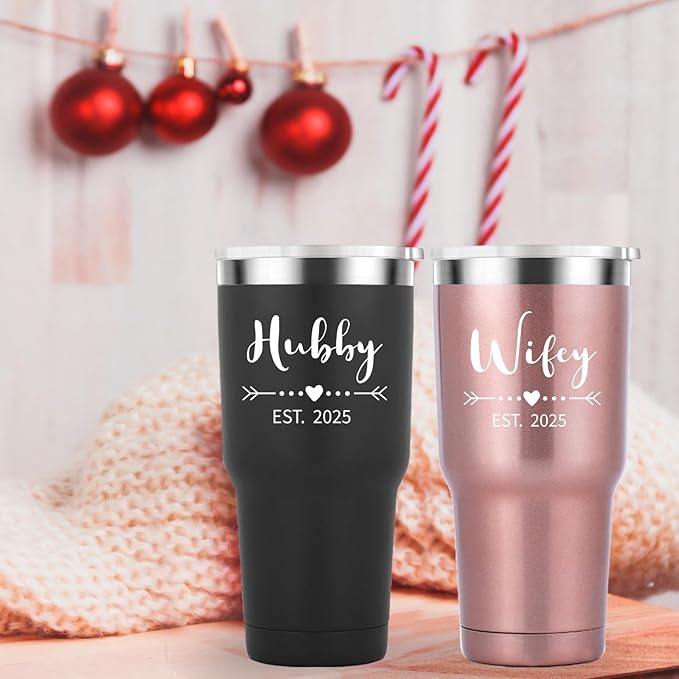 Mamihlap Hubby & Wifey Est 2025 Travel Mug 30oz Tumbler.Valentine’s Day Gifts.Anniversary Wedding Engagement Gifts.Gift for Couple Her Him Bridal Shower Husband Wife Newlywed Couple.(Black&Rose Gold)