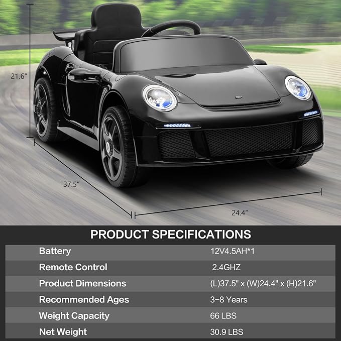 Licensed RUF CTR3 12V Kids Electric Car with Parent Remote Control, 2 Motors, 3 Speeds, LED Lights, MP3 Player | Battery Powered Ride-On Toy for Kids to Drive - Black