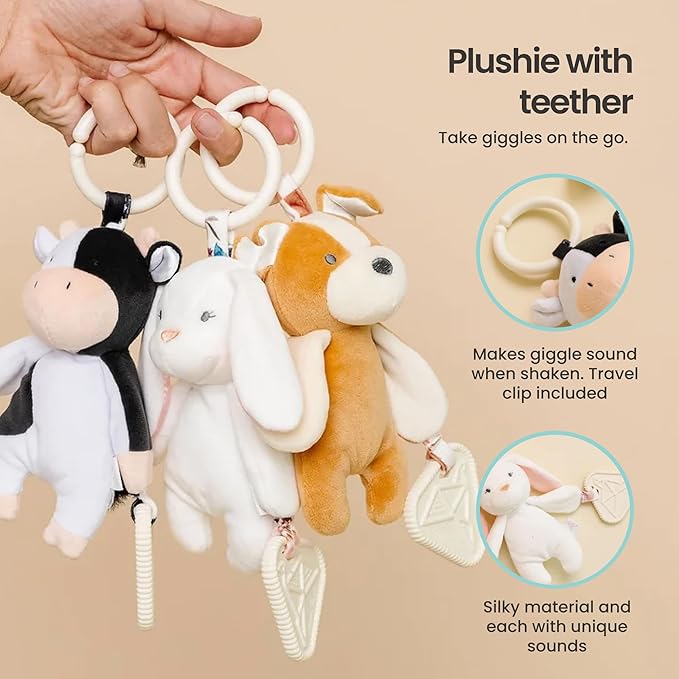 Copper Pearl On-The-Go Plush: Clip On Baby Toys for Travel, Soft Stuffed Cow Plush with Teether for Sensory Development - Colby Cow