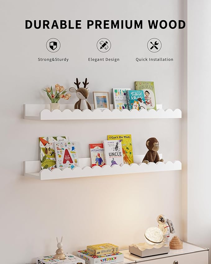 Nursery Book Shelves, 4-Pack White Floating Shelves for Wall Kids, Scalloped Shelves, Wall Book Shelves for Bedroom Kids, Toddler Room, Baby Room, Nursery Decor