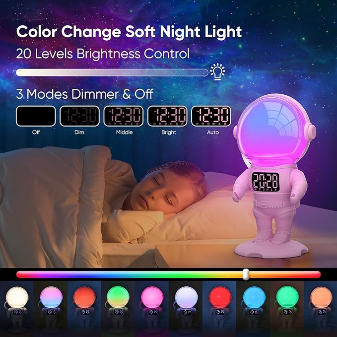 Astronaut Sunrise Alarm Clock for Kids, White Noise Sound Machine with 30 Soothing Sounds, 22 Dimmable Nightlights, Bluetooth Speaker, Dual Digital Alarm Clocks, Wake Up Light for Bedroom, Adults