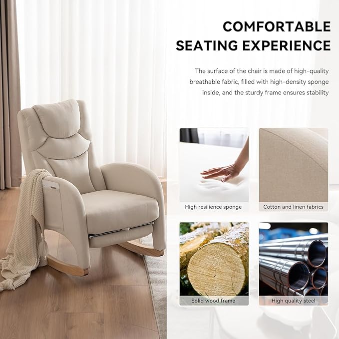 Rocking Chair Nursery,Modern Glider Chair with Adjustable Footrest and Solid Wood Legs,High Backrest Nursery Chair with Side Pocket,Rocker Armchair for Living Room Bedroom Cotton Linen, Beige