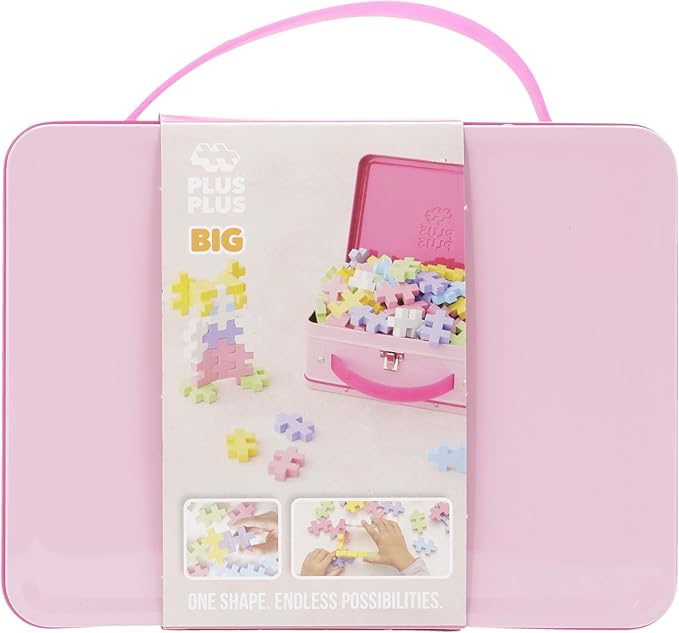 PLUS PLUS Building Set with Metal Suitcase, Open Ended Stem Toy for Toddlers and Preschool, 70 Big Pastel Interlocking Pieces