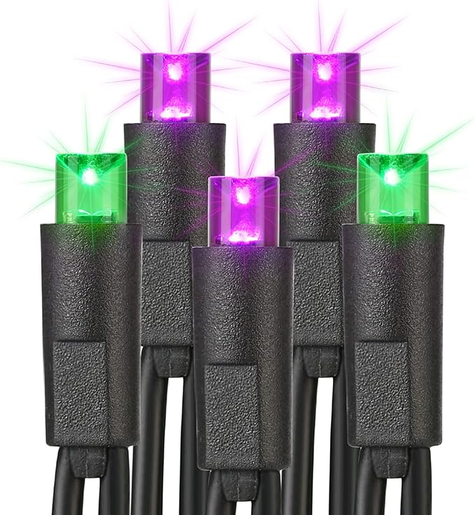 Brizled Purple & Green Halloween Lights, 33ft 100 LED Halloween String Lights 5mm Wide Angle String Lights, 120V UL Certified Connectable Halloween Lights Outdoor for Party Halloween Decor, Black Wire
