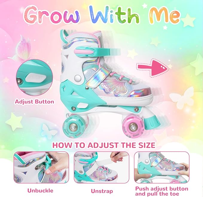 Nattork Kids Roller Skates for Girls Boys Kids, 4 Sizes Adjustable Quad Skates Butterfly and Flower with All Light up Wheels - Birthday Gift for Indoor Outdoor Sports