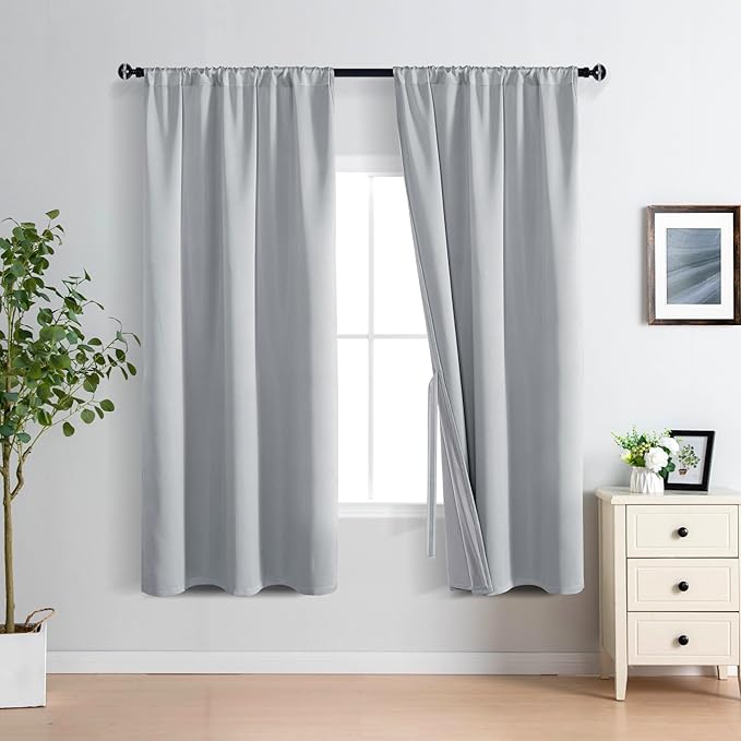 XWZO Full Shading Blackout Curtains with Tiebacks- Heat and Light Blocking Rod Pocket Window Drapes with Black Liner Backing for Bedroom/Kid's Room, Light Grey, W42 x L63, Set of 2 Panels