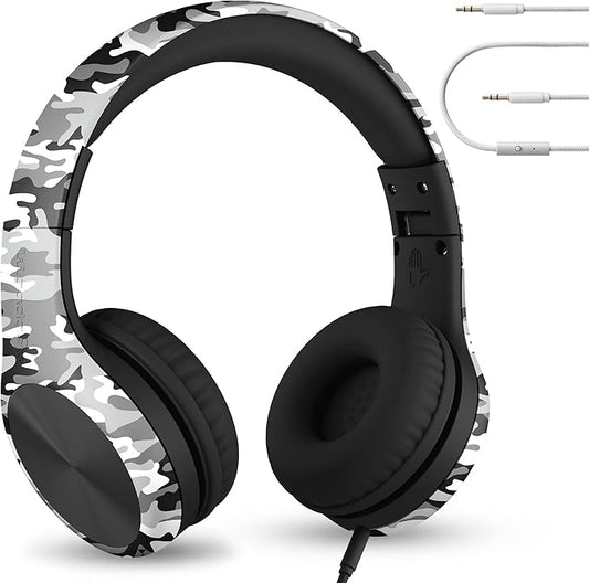 LilGadgets Connect+ Pro Wired Kids Headphones for School w/Microphone, Volume Limiting Noise Reducing Over-Ear Headset w/Cord, SharePort Technology & SoftTouch Padding, Snow Camo Headphones for Kids