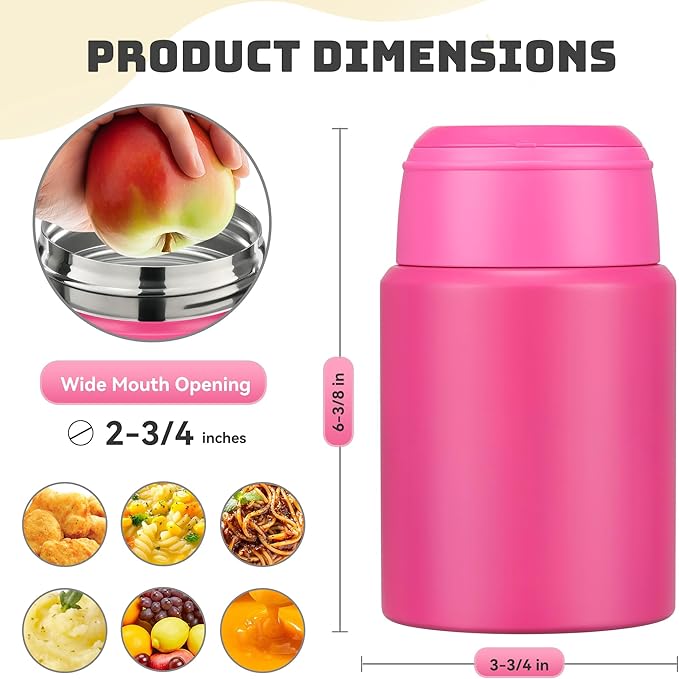 Soup Thermo for Hot Food Kids 16oz Insulated Food Jar Leakproof Thermo Lunch Container for Kids Wide-Mouth Stainless Steel Lunch Box for School with Handle Folding Spoon(3+)