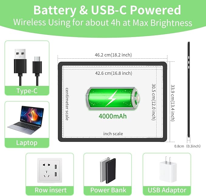 KOBAIBAN A3 Magnetic Light Box with Bag, Rechargeable Diamond Art Light Board with Side Physical Buttons, 3 Color Light Modes Super Bright Light Pad Light Table for Tracing, Drawing, Sketching (Black)