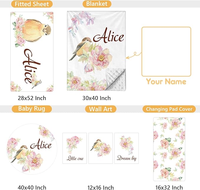 Custom Baby Bedding Set - 5 Pcs Customized Nursery Bedding Set with Name - Comfortable Double Layer Crib Sets for Girls Boys - Personalized Gifts for Infants Toddlers New Parents - Floral Bird