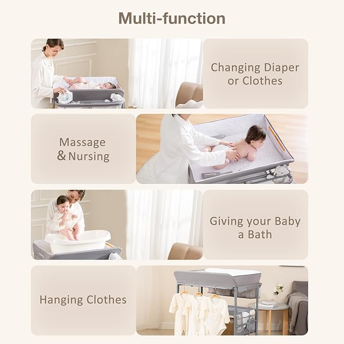 Maydolly Baby Changing Table, Portable Folding Changing Table with Wheels, Waterproof and Adjustable Height, Premium Diaper Changing Station with Two Drawers, Mobile Nursery for Newborn (Grey)