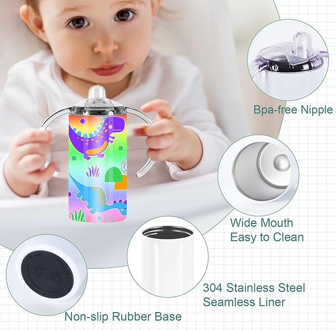 Kids Sippy Cup & Todder Bottle, 10 Pack - 12 Oz Stainless Steel, in Style & Colorful Sublimation Design