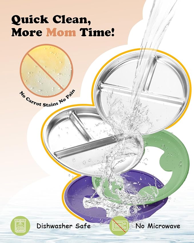 Stainless Steel Toddler Plate with Suction, 8” Divided Plates with Removable Silicone Sleeves for Baby, Non Toxic & BPA Free | Non Slip | Unbreakable Kids Snack Dishes Set of 2, Green & Purple