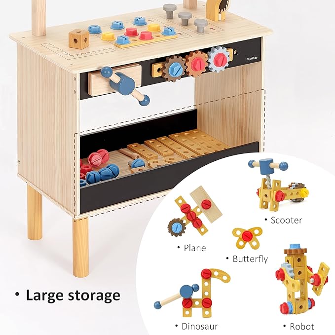 PairPear Wooden Kids Tool Bench & Carry Toolbox – 71 Pcs Pretend Play Tool Workbench with Drills, Kids Construction Toy Workbench Workshop for Boys Girls Age 3+