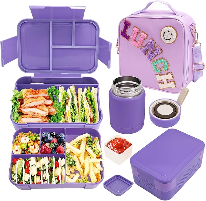 Preppy Lunch Box for Girls with 10oz Thermo, with 6 Compartment Bento Box, Purple Nylon Insulated Lunch Bag Adjustable Strap for Girl Kids Teens School Travel Picnic