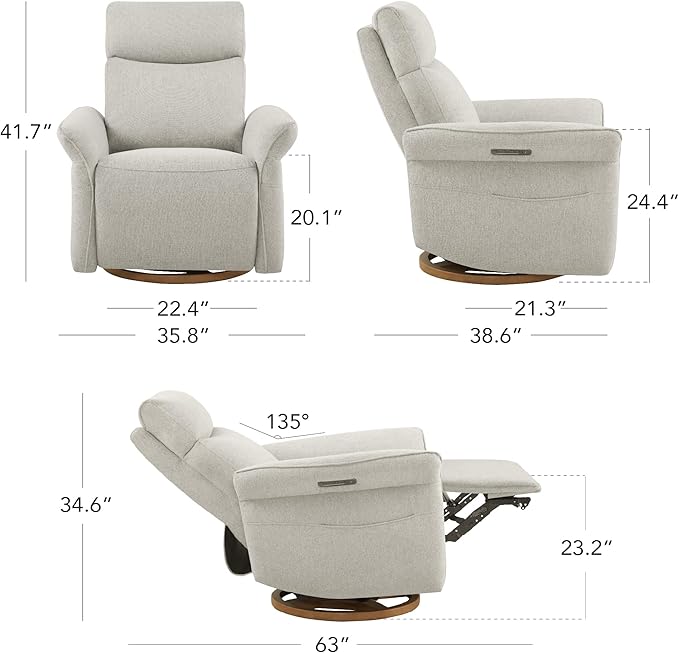 CHITA Power Recliner Chair, Electric Triple-Motor Swivel Glider Nursery Rocking Chair with Adjustable Power Headrest and Lumbar Support, GREENGARD Gold Certified, Solid Wood Base, Crockery Grey