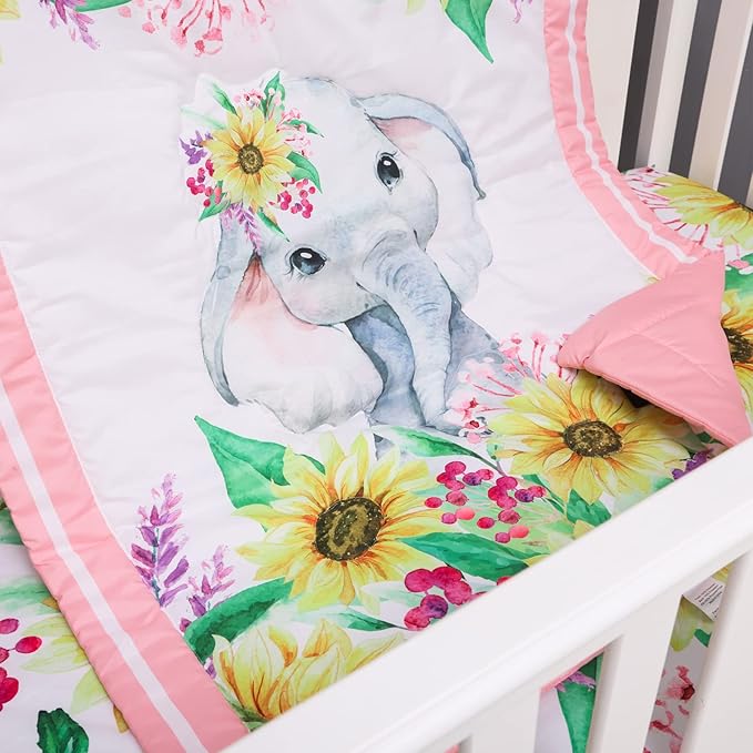 Cloele Crib Bedding Set for Baby Girls - 3 Piece Elephant Baby Bedding Set includes Pink Crib Skirt Crib Quilt Fitted Sheet - Sunflower Soft Nursery Comforter Bedding Set for Girls