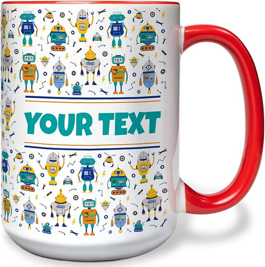 Personalized Mug for Kids - Robots - Custom Name/Text, Ceramic Hot Chocolate/Cocoa/Coffee Cup for Boys, Birthday/Christmas/Holiday Gift - 15 oz, Red Handle