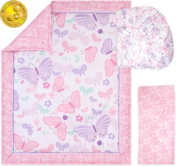 The Peanutshell 3 Piece Baby Crib Bedding Set for Girls - Newborn, Infant & Toddler Nursery Bed Set Decor with Fitted Crib Sheet, Dust Ruffle Comforter - Butterfly Song