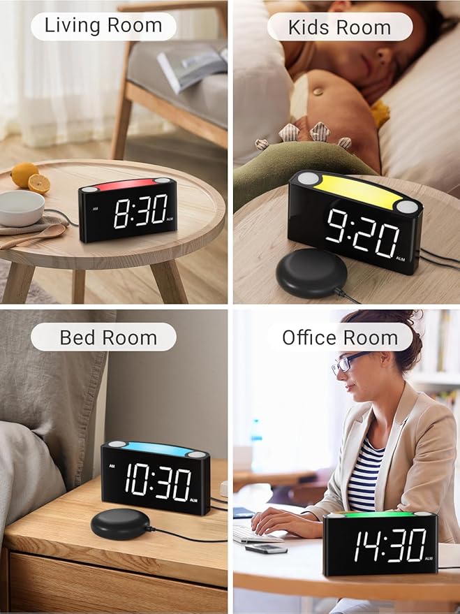 Vibrating Alarm Clock,PPLEE Loud Alarm Clock for Heavy Sleepers Hearing Impaired Deaf Teens,Bed Shaker Alarm Clocks for Bedrooms,5 dimmable,7 Color Night Light,USB charging,Type-C Charger,Memory Alarm