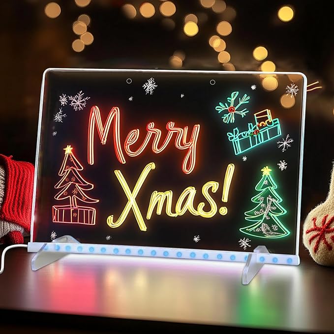 LED Drawing Board with Colors –13.7x9.84 Inch Acrylic Light-Up Message Board, Includes 7 Markers, Adapter, Stand, Hanging Chain, Soft Cloth, Spray Bottle, for Home, Office, Kitchen, and Bedroom