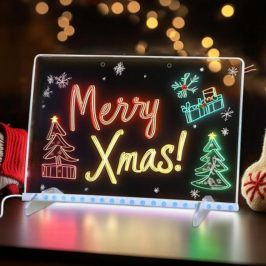 LED Drawing Board with Colors –13.7x9.84 Inch Acrylic Light-Up Message Board, Includes 7 Markers, Adapter, Stand, Hanging Chain, Soft Cloth, Spray Bottle, for Home, Office, Kitchen, and Bedroom