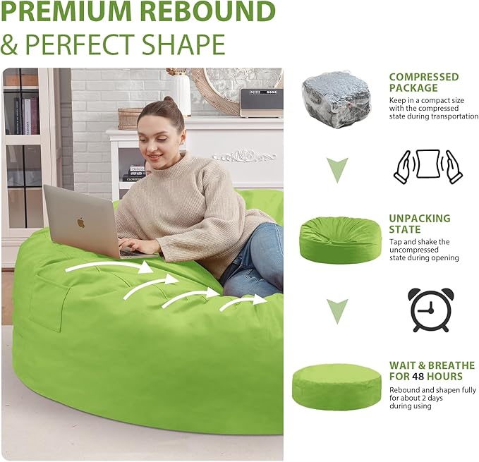 7FT Bean Bag Chair, Large Bean Bag Chairs with Memory Foam Filled, Fluffy Beanbag Sofa with Dutch Velvet Cover, Round BeanBag Chairs for Living Room, Playroom - Lime