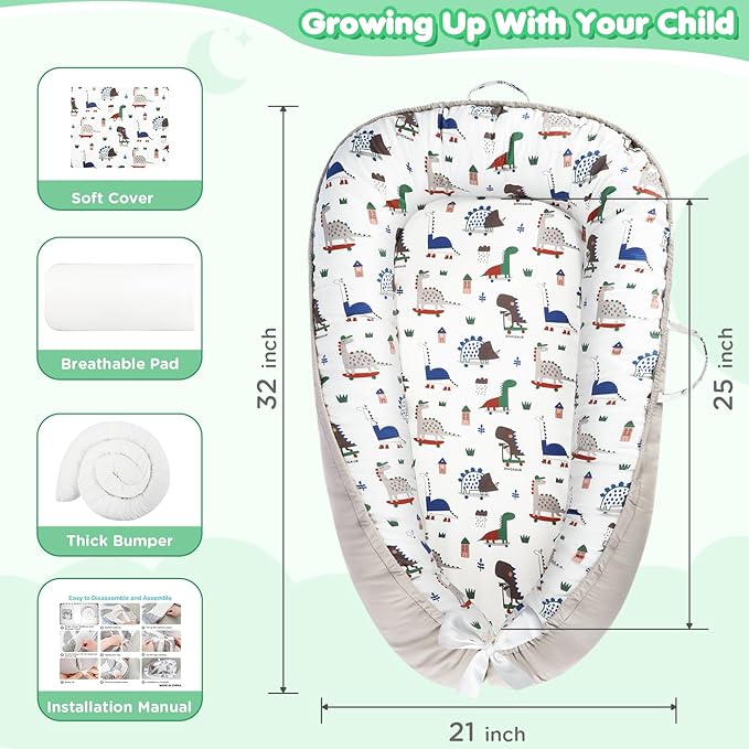 Baby Lounger - Baby Lounger for Newborn 0-24 Months, Breathable and Soft Cotton Cover Baby Nest, Portable Cozy Tummy Time Lounger for Home and Travel, Ideal Baby Essentials & Shower Gifts