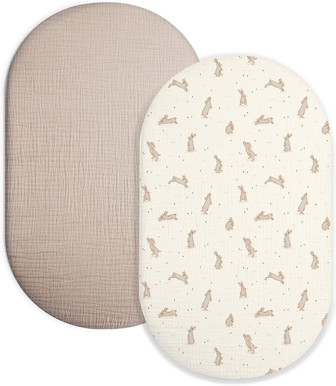Bassinet Sheet for Baby Boy and Girl 2 Pack, Fitted Sheets for Rectangle, Oval, Hourglass Bassinet Mattress, Muslin Moses Basket Sheets with Neutral Style (Hopping Bunnies & Beige)