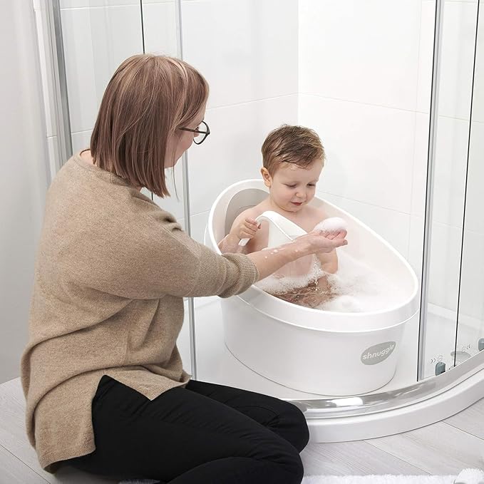 Toddler Bath Tub | Larger Bath for Bigger Kids at Bathtime | Includes Warm and Soft Foam backrest | Grippy Anti-Slip Surface | Includes Easy Drain Bath Plug | White & Grey
