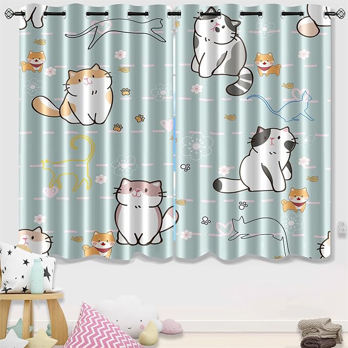 Lovely Cat Blackout Curtains 2 Panels 63" Inch Drapes for Kids Nursery Bedroom Kids Blackout Curtains Animal Themed Grommet Top Thermal Insulated Curtains for Nursery, 82 in x 63 in