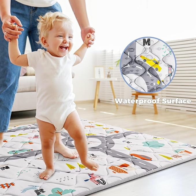 Car Portable Baby Play Mat 50x50 Playpen Mat Upgraded Thicken Baby Floor Play Mat Non-Slip Cushioned Crawling Mat Waterproof Activity Playmats for Babies Toddlers Infants (50x50, Letter Car)