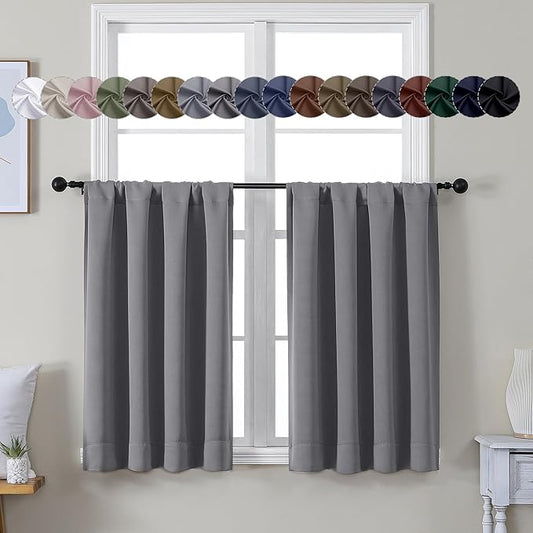 Simplebrand Ava Light Grey Short 36 Inches Blackout Curtain 2 Panels Set, Half Window Rod Pocket Privacy Curtain Tiers for Kitchen, Curtains Blackout for Bathroom Shades, W40 x L36 Inch, Light Grey