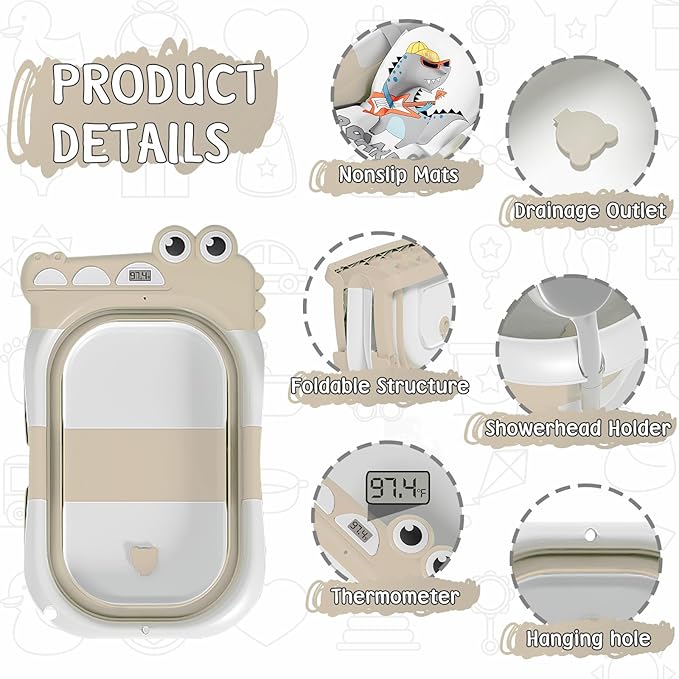 Collapsible Baby Bathtub for Newborn, Foldable Baby Bath Tub with Thermometer & Soft Floating Cushion & Drain Hole, Portable Travel Infant Bath Tubs for Newborns to Toddlers 0-36 Months Boys, Beige