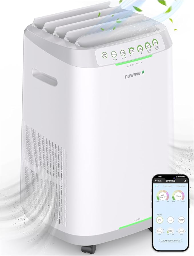 Nuwave OxyPure ZERO Air Purifier with Washable and Reusable Bio Guard Tech Air Filter, Large Room Up to 2002 Ft², Air Quality Monitor, 0.1 Microns, 100% Capture Irritants like Smoke, Dust, Pollen
