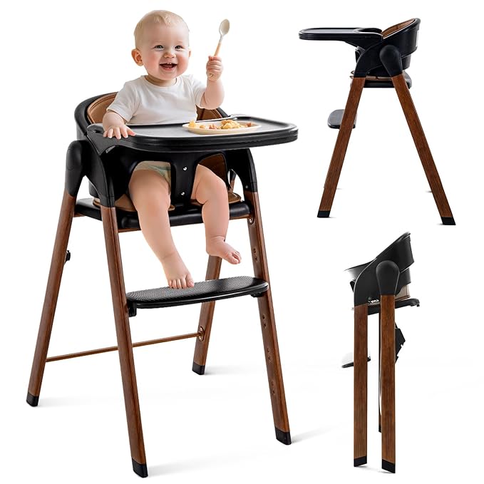 Adjustable High Chair with Removable Tray, Easy to Clean, Portable. 6 Months up to 240 Lb (Black Brown)