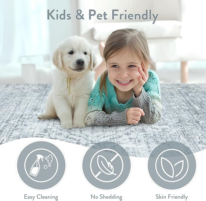 LIVEBOX Washable Area Rug 6x9 Rugs for Living Room Dining Room Under Table, Non-Slip Boho Neutral Carpet for Bedroom, Low-Pile Farmhouse Soft Carpets for Nursery Room Playroom, Grey