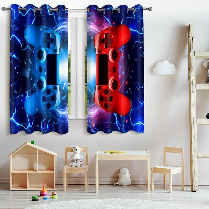 Jekeno Gamer Gaming Gamepad Blackout Curtains - Colorful Game Controller Decor for Kids Boys Teens Teenager Children's Playroom Bedroom Living Room Darkening Grommet Window Drapes 2 Panel Set, 42"x54"