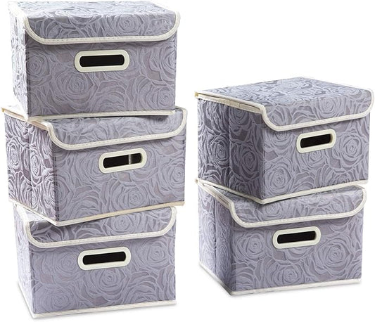 PRANDOM Stackable Storage Boxes with Lids [5-Pack] Fabric Decorative Storage Bins Cubes Organizer Containers Baskets with Cover Handles Divider for Bedroom Closet Living Room Grey 9.8x7.9x6.7 Inch