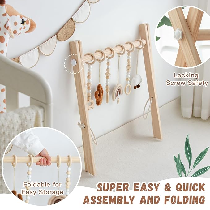 Razee Wooden Baby Play Gym Activity Mat, Leaf Shaped Play Mat Baby Gym with 6 Hanging Sensory Toys Foldable Baby Gym Newborn Infant Baby Use