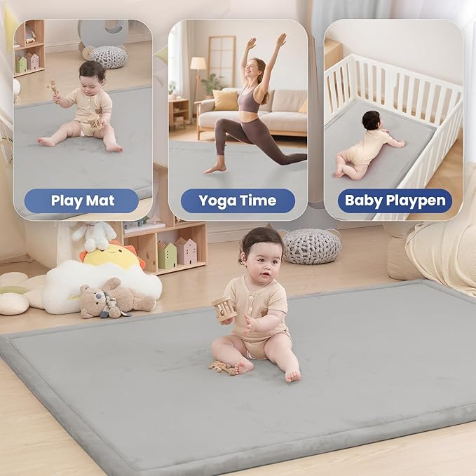 Baby Play Mat for Floor,1.3" Thick Memory foam Tummy Time Mat,79"×158“ Extra Large Soft Velvet Nursery Rug,Non Slip Safe for Crawling,Toddlers,Infants,kids,Tatami Style for Living Room(Light Grey)