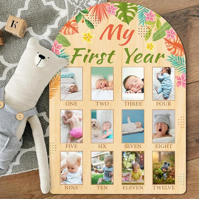 ORIGACH My First Year Baby Growth Photo Display Wood Board - 12 Months Newborn Milestones Photo Board - Neutral Baby Keepsake Board 1st Birthday Party Nursery Decor New Mom Gift - Tropical Leaves