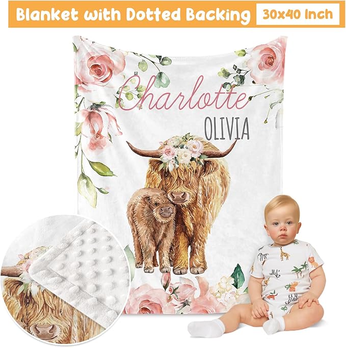 Custom Crib Bedding Set - Highland Cow Design Personalized Name Baby Nursery Bed 3 Pcs Set - Chic Soft Blanket with Dotted Backing, Sheet, Pillowcase for Newborn Girls Boys Gifts Color02
