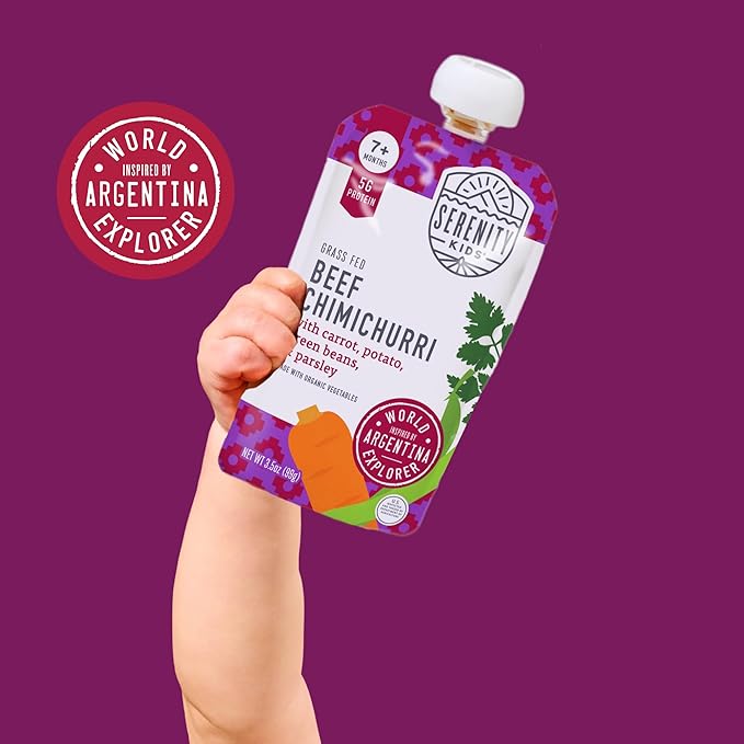 Serenity Kids 7+ Months World Explorers Baby Food Pouches - Puree With Ethically Sourced Meats & Organic Veggies - BPA-Free Organic Baby Food - 3.5 Oz, 18 Pack