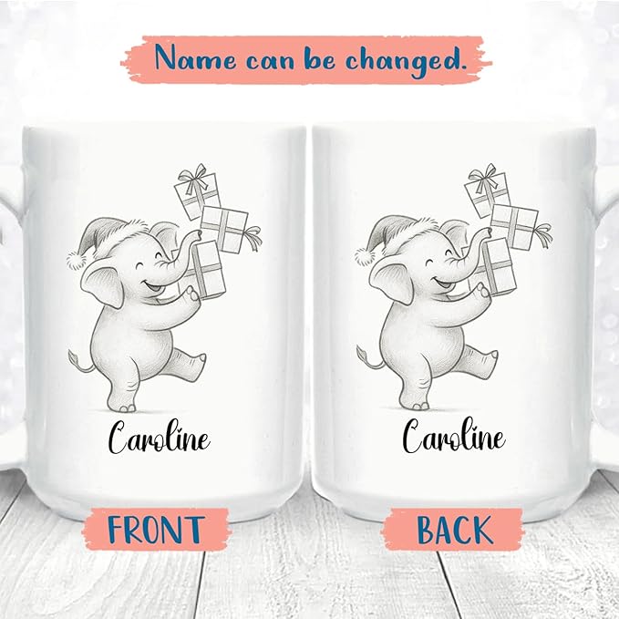 Cute Elephant Coffee Cup With Name, Personalized Elephant Lover Coffee Mug Gift For Men Women Kids Children, Awesome Animal White Ceramic Teacup 11 Oz 15 Oz, Custom Name Elephants Accent Coffee Mug