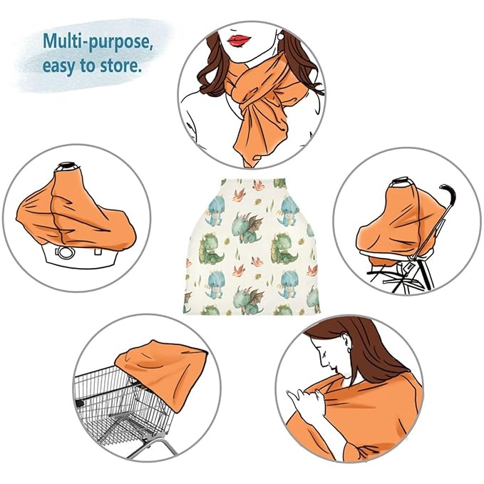 Kigai Cute Dragon Baby Car Seat Covers for Newborn, Breathable Nursing Cover for Breastfeeding Moms, Baby Stroller/Shopping Cart/Stretchy Carseat Cover for Boy & Girl