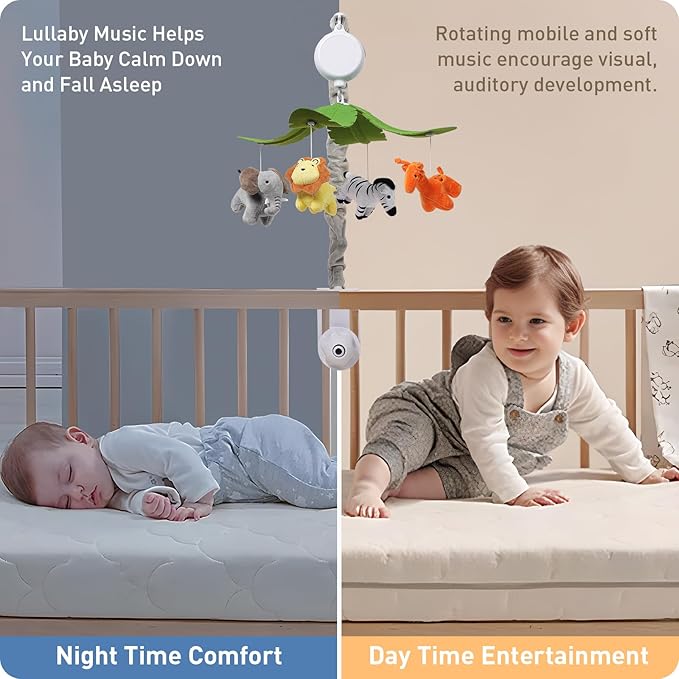 Baby Crib Mobile - Jungle Animal Mobile for Crib Nursery Musical Mobile Gender Neutral for Boys and Girls with 12 Lullabies Ceiling Mobile Presents for Newborn