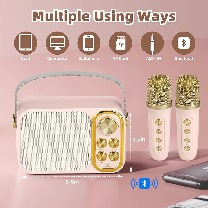 Mini Karaoke Machine for Kids Adult, Portable Bluetooth Karaoke Speaker with 2 Wireless Microphones for Home Party, Great Gifts for Boys and Girls Ages 4, 5, 6, 7, 8,9,10,11, 12+ Years Old
