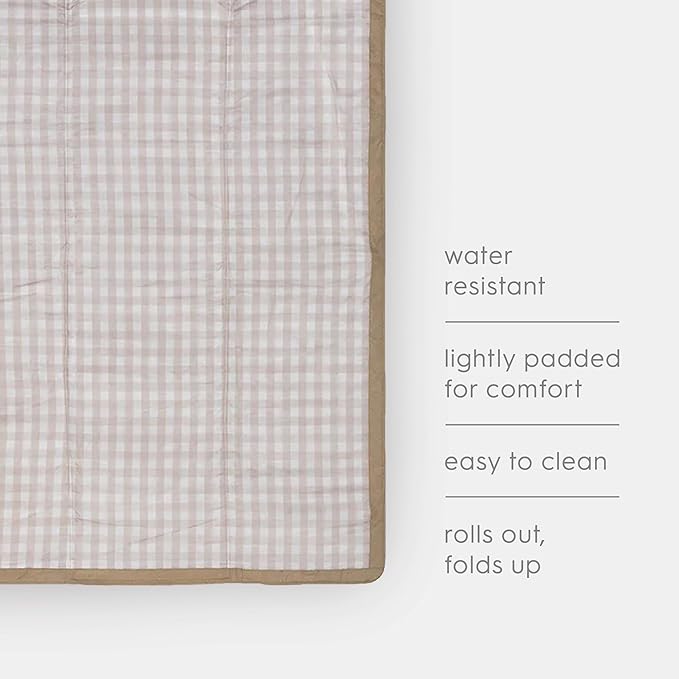 Little Unicorn 5'x5' Outdoor Family Picnic & Beach Blanket | Durable & Water-Resistant Fabric | Compact Fold & Easily Wipes Clean | Zipper Pocket (Beige Buffalo Check)