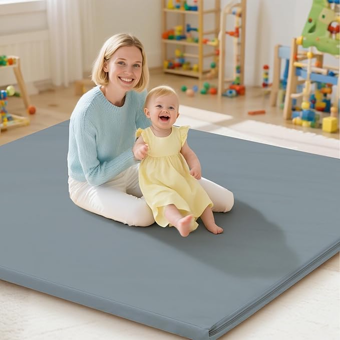Baby Play Mat 47x47 Inches, Extra Thick 1.2" Foam Floor Mat for Tummy Time & Crawling, Waterproof Non-Slip Faux Leather Playpen Mat for Infants Toddlers, Indoor Outdoor Gym Activity, Blue